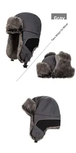 Grey trapper hat detail showing two ways to wear with windproof shell and faux fur lining