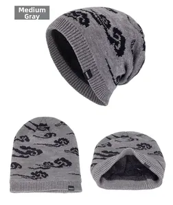 Detailed view of gray knit beanie featuring cloud pattern and thick fleece lining texture