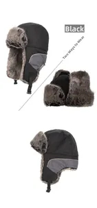 Winter aviator hat in black with thick faux fur lining and adjustable buckle strap