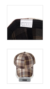 Detail view of British plaid baseball cap showing 100% polyester label and 95.2g weight