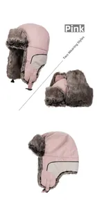 Pink winter trapper hat detail showing gray faux fur lining and two adjustable wear modes
