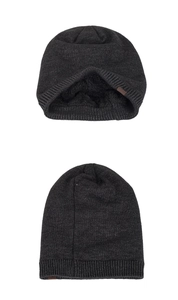 Detailed view of dark grey knitted hat with thick black faux fur fleece lining
