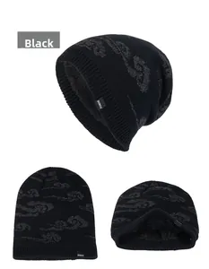 Detail view of winter knitted beanie with thermal fleece lining and cloud pattern