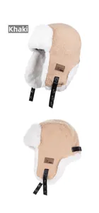 Detail of khaki aviator hat with soft plush lining and leather strap buckle
