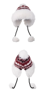 Detailed view of winter trapper hat featuring faux fur lining and Nordic knit patterns
