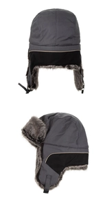 Rear and side view of insulated winter trapper hat with thick faux fur and buckle strap