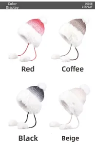 Winter thermal knit trapper hats shown in red, coffee, black, and beige with faux fur trim