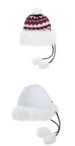 Detail view of winter earflaps with faux fur lining and plush pompom drawstring ties
