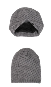 Detail of men's thermal winter beanie showing thick black fleece lining and grey knit texture