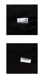 Detail view of 100% acrylic knitted fabric with washing care label and origin information