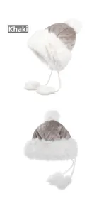 Detail view of khaki quilted texture and white faux fur lining on a warm winter earflap hat