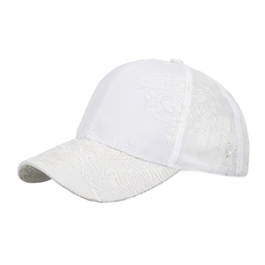 White Chinese style baseball cap with elegant floral lace embroidery and mesh panels