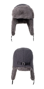 Detail view of winter grey aviator hat with faux fur lining and adjustable back strap