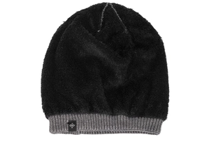 Detail showing the thick black fleece lining and cable knit texture of the winter beanie