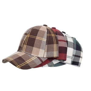 Classic British plaid baseball caps for men in four assorted colors on white background