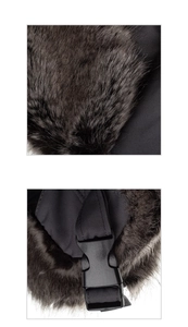 Detail of faux fur lining and buckle strap on a thermal winter trapper hat