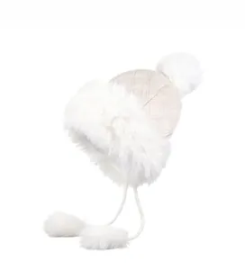 Detailed view of winter plush earflap hat featuring quilted faux leather and white fur trim