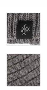 Detailed macro view of the grey knit texture and snowflake patch on the winter hat