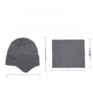 Detailed size specifications for grey winter beanie hat and neck warmer set with logo