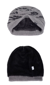 Detailed view of the warm winter knit beanie showing thick black fleece lining and gray pattern