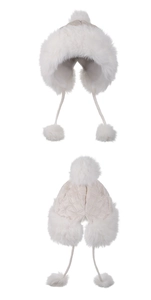Detail of plush winter trapper hat showing quilted fabric texture and fluffy earflaps