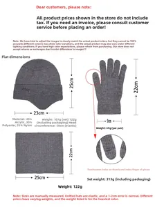 Size chart showing warm knit beanie hat, gloves, and neck warmer with dimensions and weight