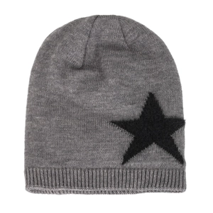 Bonnet en tricot gris foncé pour hommes avec étoile noire en peluche et bordure côtelée