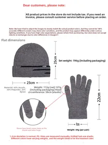 Détail de l'ensemble bonnet et gants gris foncé avec dimensions des matériaux