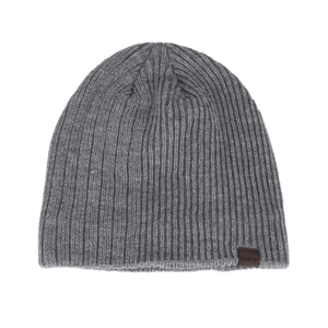 Grey ribbed knit winter beanie hat with thermal lining and brown leather patch detail