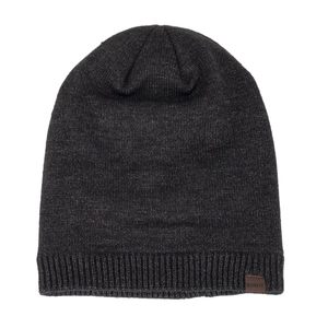 Dark grey winter knit beanie for men with warm fleece lining and brown leather patch