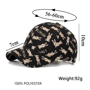 Black polyester baseball cap with rabbit pattern and LTRICH lettering, size dimensions