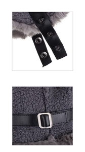 Detail of grey winter bomber hat with faux sheepskin lining and leather adjustment straps