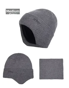 Detail of warm grey knit hat with thick fleece lining and matching neck gaiter