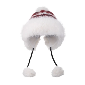 Winter faux fur trapper hat with red plaid knitting and earflaps for thermal warmth