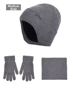 Three-piece winter set including medium heather grey ribbed knit beanie, scarf, and gloves