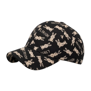 Black cotton baseball cap featuring repetitive bunny patterns and LTRICH letter prints