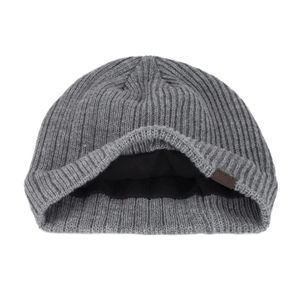 Winter warm gray ribbed knit beanie with thick fleece lining and leather patch detail
