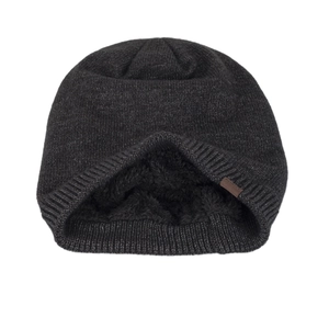 Men's winter knit beanie in dark grey with warm fleece lining and leather patch detail