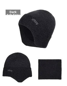 Winter thermal set featuring dark heather gray knitted earflap hat and neck warmer