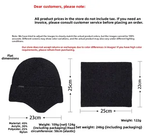 Detailed size chart for winter thermal knitted hat and neck warmer set in black