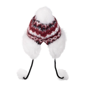 Winter plaid pattern earflap hat with warm faux fur lining and plush white pom-pom