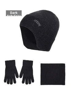 Three-piece winter set in dark grey featuring thermal knit hat, scarf, and fleece gloves