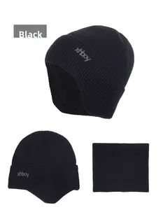Detail of black winter knit hat and neck gaiter set with fleece lining and ear protection