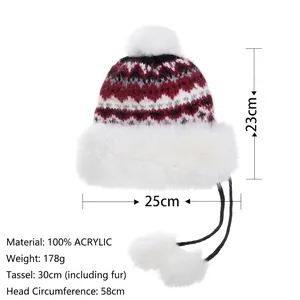 Winter fleece-lined jacquard knit hat with earflaps, faux fur trim, and pom-poms