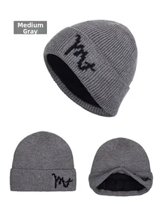 Detail views of heather grey ribbed knit beanie with black embroidery and warm lining