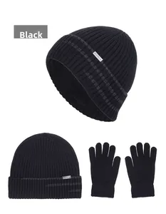 Ensemble bonnet en maille d'hiver et gants pour homme avec doublure polaire noir classique