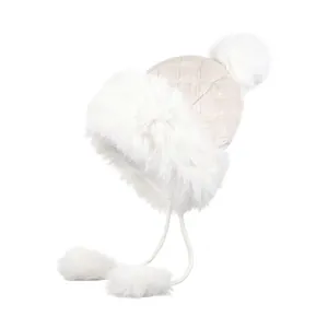 Women Winter Quilted Earmuff Hat With Faux Fur Lining Warm Windproof Trapper Beanie Pom Pom Cap For Outdoor Snow Cycling