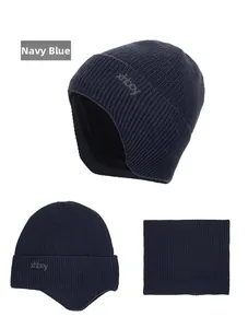 Navy blue winter knit hat and neck gaiter set with warm fleece lining and xhboy logo
