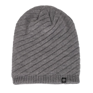 Winter gray thick knitted beanie for men with diagonal pattern and snowflake label