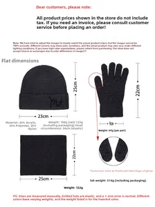 Three-piece winter knit set with touchscreen gloves and dimensions of hat and scarf